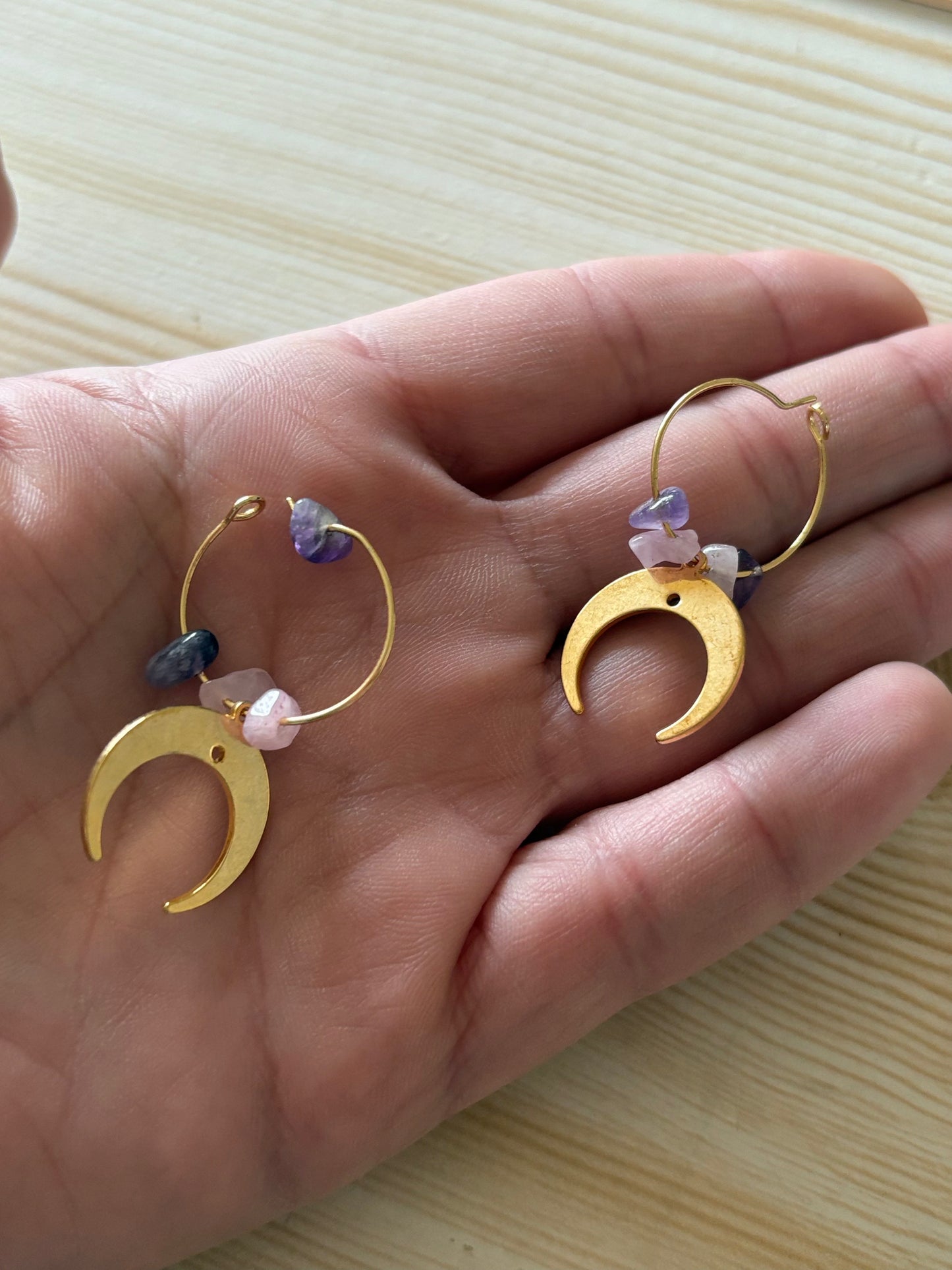 Créoles lune Améthyste/ Quartz rose