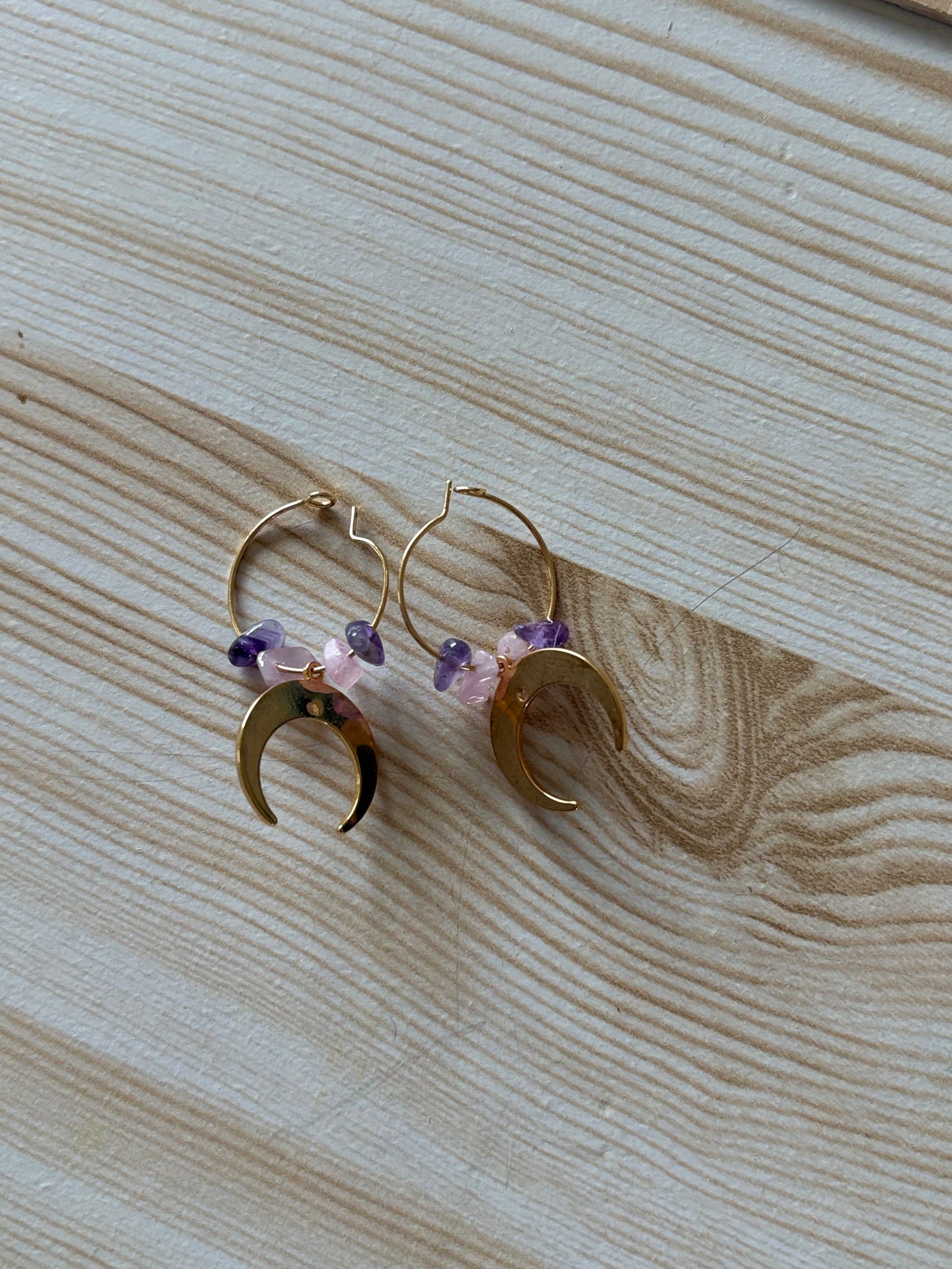 Créoles lune Améthyste/ Quartz rose