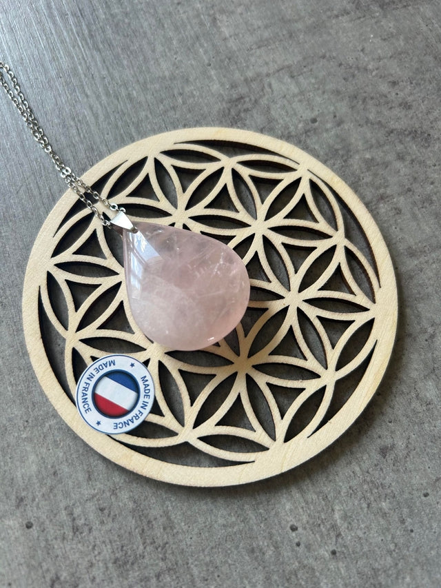 Collier pierre plate Quartz Rose